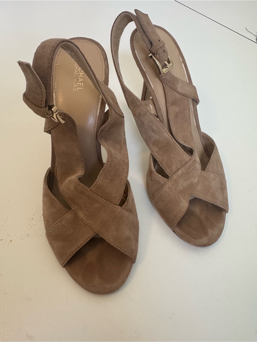 MICHAEL Michael Kors Taupe Suede Cross-Strap Slingback Heels